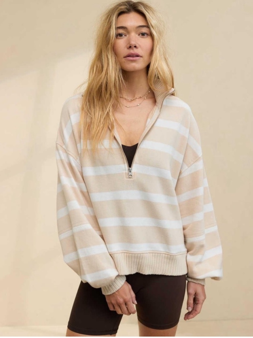 aerie Beige and White Striped Quarter-Zip Sweater